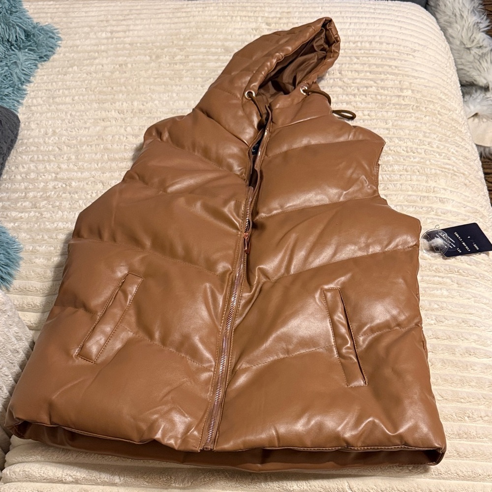 Vegan Leather Puffer Vest with Hood